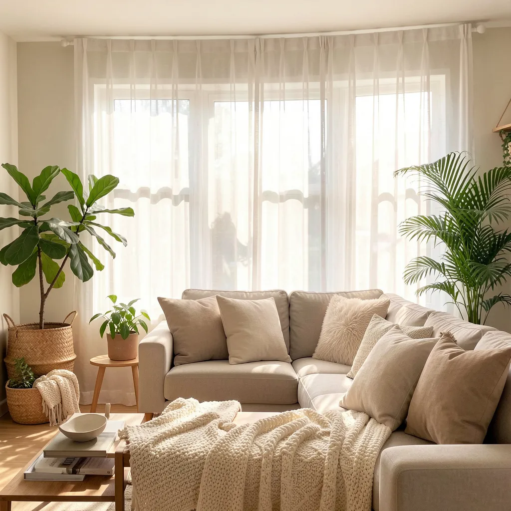 Living room with sheer drapes and natural light