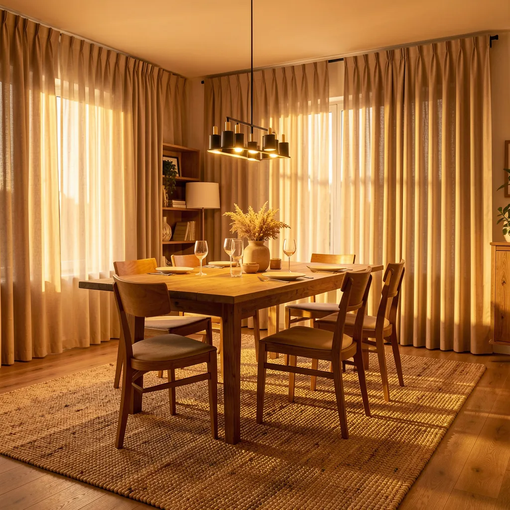 Dining area with full-length curtains